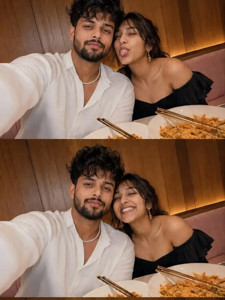 Candid Restaurant Dinner Selfie Diptych of Indian Couple - ChatGPT prompt